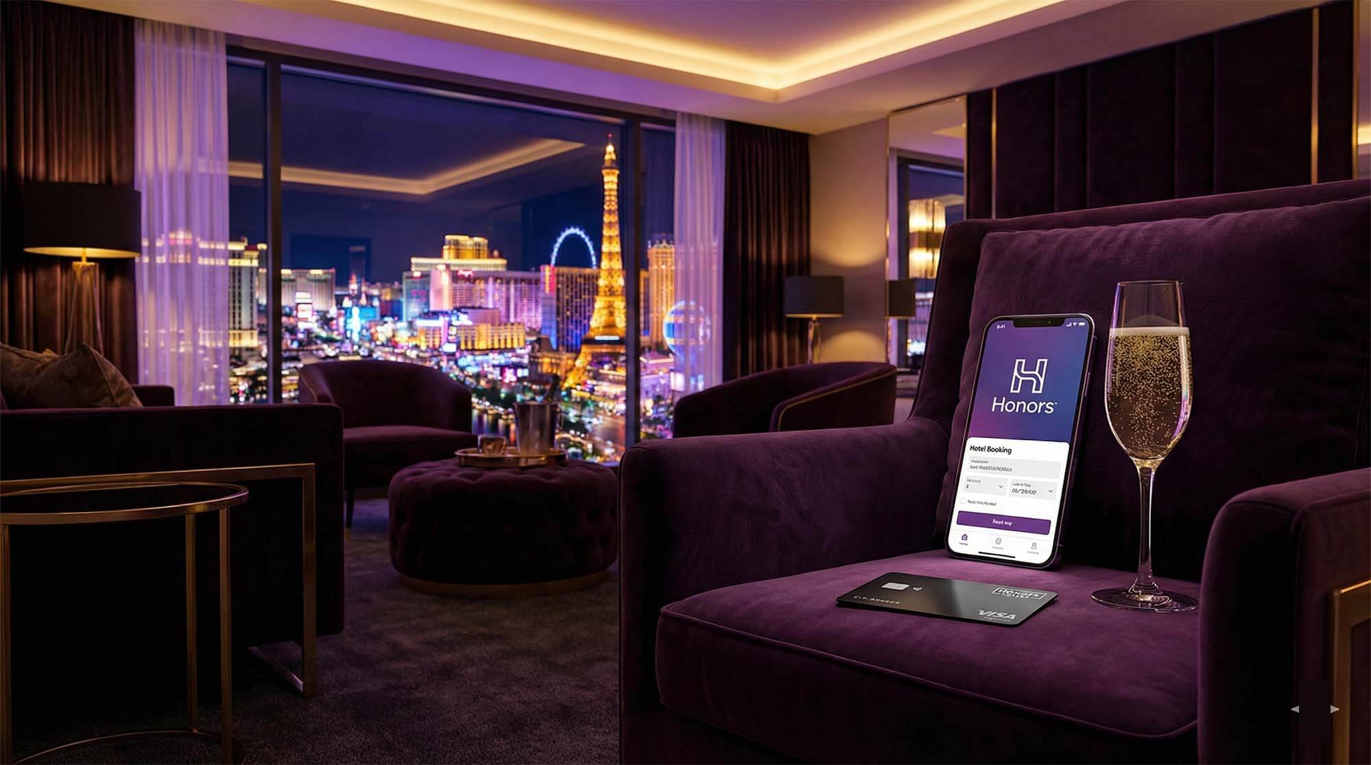 豪華飯店夜景與香檳象徵希爾頓榮譽客會尊榮感
